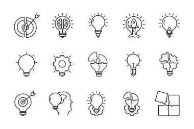Yaratıcılık Simgesi ayarlandı. Ampul çizgisi simgelerinin vektör paketi. Yaratıcı fikirle ilgili bir ikon. Basit vektör tasarımı düzenlenebilir