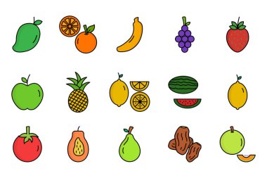 Meyve ikonu seti. Düz çizgi simgesi tarzı. İçinde çilek, portakal, karpuz ve daha fazlası var. Basit vektör tasarımı düzenlenebilir