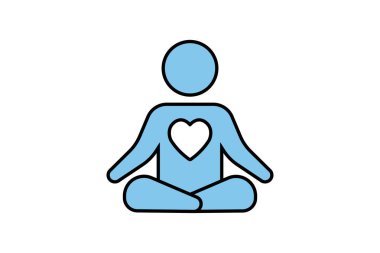 Meditasyon ikonu. Göğsünde bir kalple meditasyon yapıyor. Sağlıklı yaşam, yoga, meditasyon, rahatlama ikonu. İki ton simgesi tasarımı. Basit vektör tasarımı düzenlenebilir