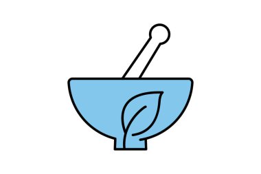 Bitkisel ilaç ikonu. bir kasede bırakır. Sağlıklı yaşam, sağlık ve geleneksel tıpla ilgili bir ikon. İki ton simgesi tasarımı. Basit vektör tasarımı düzenlenebilir