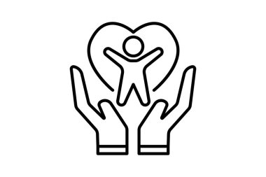 Kişisel bakım ikonu. El, kalp ve insan. Sağlıklı yaşam, yoga, meditasyon, rahatlama ikonu. Satır simgesi tasarımı. Basit vektör tasarımı düzenlenebilir