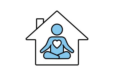 Yogalı ev ikonu. Yoga stüdyosuyla ilgili ikon, yoga, meditasyon, rahatlama. İki ton simgesi tasarımı. Basit vektör tasarımı düzenlenebilir