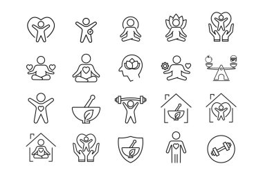 Sağlık ikonu seti. Yoga, fitness, ruh meditasyonu, zihinsel rahatlama, stres yönetimi, kişisel bakım. Satır simgesi tasarımı. Basit vektör tasarımı düzenlenebilir