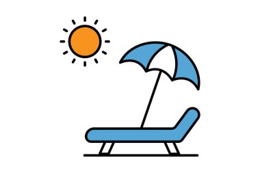 Güneş yatağı ikonu. Denizle ilgili bir ikon, yaz mevsimi. Plaj, güneş, sandalye ve rahatlama ikonları içeriyor. İki ton simgesi tasarımı. Basit vektör tasarımı düzenlenebilir