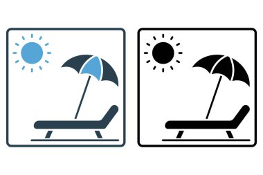 Güneş yatağı ikonu. Denizle ilgili bir ikon, yaz mevsimi. Plaj, güneş, sandalye ve rahatlama ikonları içeriyor. Katı simge stili tasarım. Basit vektör tasarımı düzenlenebilir