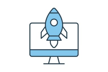 Seo simgesi. Roket bilgisayarı çalıştırıyor. Dijital pazarlama ile ilgili bir simge. Düz çizgi simgesi tasarımı. Basit vektör tasarımı düzenlenebilir