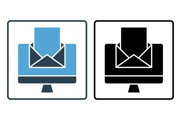 Mail Marketing Ikone Computer Mit Offenem Briefumschlag Symbol Zusammenhang Mit — Stockvektor