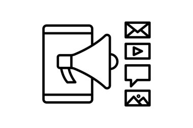 Sosyal medya ikonu ve dijital pazarlama. Cep telefonu, megafon, mesaj, sohbet, video. Dijital pazarlama ile ilgili bir simge. Satır simgesi tasarımı. Basit vektör tasarımı düzenlenebilir