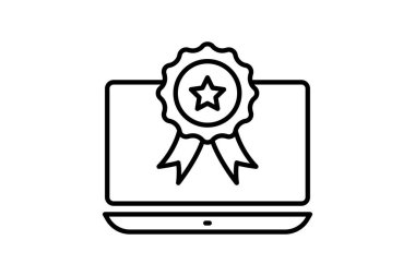 Rekabet kazanma ikonu. Kazanan ödül töreni, dizüstü bilgisayarda madalya. Kazananla ilgili ikon, başarı, zafer. Satır simgesi tasarımı. Basit vektör tasarımı düzenlenebilir