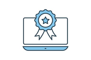 Rekabet kazanma ikonu. Kazanan ödül töreni, dizüstü bilgisayarda madalya. Kazananla ilgili ikon, başarı, zafer. Düz çizgi simgesi tasarımı. Basit vektör tasarımı düzenlenebilir