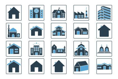 Bina seti simgesi. Ev ikonu, ev, hastane, ofis binası, otel, fabrika, okul, cami, kilise ve daha fazlasını içeriyor. Katı simge stili tasarım. Basit vektör tasarımı düzenlenebilir