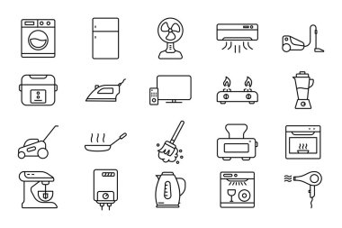 Ev aletleri simgesi seti. Ev aletleriyle ilgili bir ikon. İçinde çamaşır makinesi, buzdolabı, vantilatör, elektrikli süpürge, televizyon ve daha fazlası var. Satır simgesi tasarımı. Basit vektör tasarımı düzenlenebilir