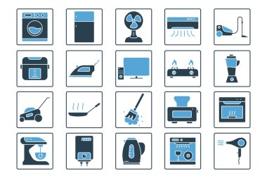 Ev aletleri simgesi seti. Ev aletleriyle ilgili bir ikon. İçinde çamaşır makinesi, buzdolabı, vantilatör, elektrikli süpürge, televizyon ve daha fazlası var. Katı simge stili tasarım. Basit vektör tasarımı düzenlenebilir