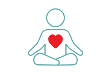 Meditasyon ikonu. Göğsünde bir kalple meditasyon yapıyor. Sağlıklı yaşam, yoga, meditasyon, rahatlama ikonu. İkili ton ikonu tasarımı. Basit vektör tasarımı düzenlenebilir