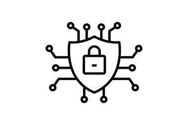 Siber güvenlik ikonu. Kalkanda asma kilit ve ağ var. Aygıt, koruma ve bilgisayar teknolojisiyle ilgili bir simge. çizgi simgesi tarzı. Basit vektör tasarımı düzenlenebilir