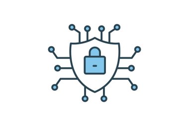 Siber güvenlik ikonu. Kalkanda asma kilit ve ağ var. Aygıt, koruma ve bilgisayar teknolojisiyle ilgili bir simge. Düz çizgi simgesi tarzı. Basit vektör tasarımı düzenlenebilir