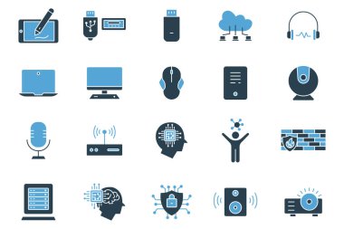 Bilgisayar teknolojisi simgesi seti. laptop, monitör, bulut hesaplama, insansı, güvenlik duvarı, erişim noktası, siber güvenlik, vs. Katı simge tasarımı. Basit vektör tasarımı düzenlenebilir