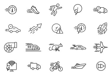 Hız simgesi ayarlandı. hız, hız göstergesi, koşu, hızlı, hızlı, vs. Satır simgesi tarzı. Basit vektör tasarımı düzenlenebilir