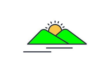 Gün doğumu veya günbatımı ikonu. Doğayla ilgili ikon, sakinleştirme, meditasyon. Düz çizgi simgesi tarzı. Basit vektör tasarımı düzenlenebilir