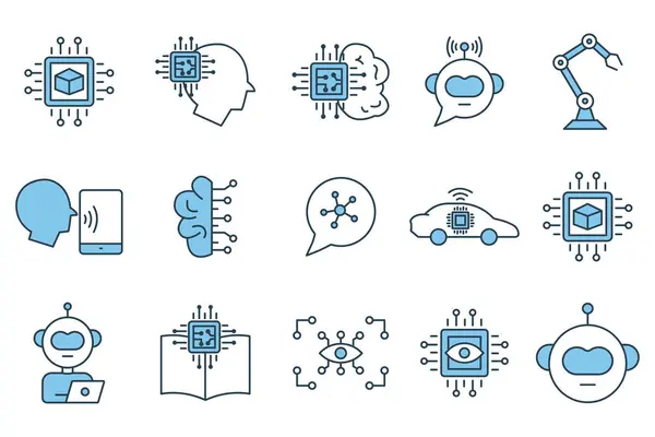 artificial intelligence icon set. robot head, brain ai, robot arm, computer vision, big data, ai assistant, deep learning, etc. flat line icon style design. simple vector design editable