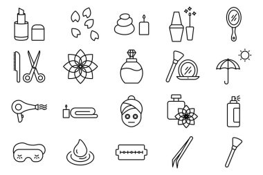 Spa ikonu. Güzellik ve güzellik ikonu seti. Makyaj, spa taşı, oje, ruj, gerekli yağ vs. çizgi simgesi tarzı. güzellik ögesi vektör illüstrasyonu