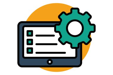 Eylem planı simgesi. Dişli dizüstü bilgisayar ve kontrol listesi. İşle ilgili bir ikon. Düz çizgi simgesi tarzı. element illüstrasyonu.