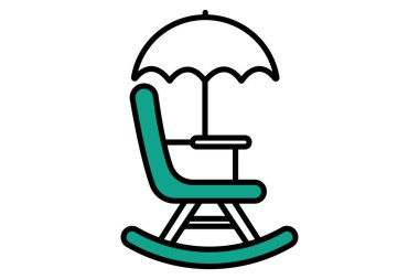 Emeklilik ikonu. Şemsiyeli sallanan sandalye. Yaşlılarla ilgili bir simge. Düz çizgi simgesi tarzı. yaşlılık elementi çizimi