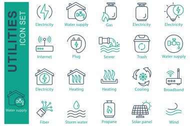 Kamu hizmetleri simgesi seti. Elektrik, su, propan ve daha fazlası. çizgi simgesi tarzı. hizmetler element vektör illüstrasyonu