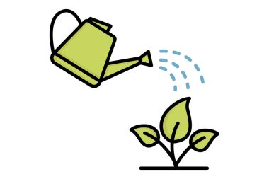 Sulama ikonu. Teneke ve bitkiyi suluyorum. Büyümeyle ilgili bir simge. Renkli taslak simge biçimi. büyüme elemanları vektör illüstrasyonu