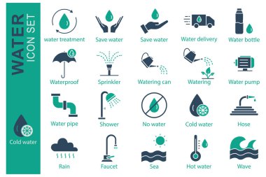 Su ikonu hazır. Su arıtma, su tasarrufu, su şişesi ve fazlası. Katı ikon tarzı. temel element vektör illüstrasyonu