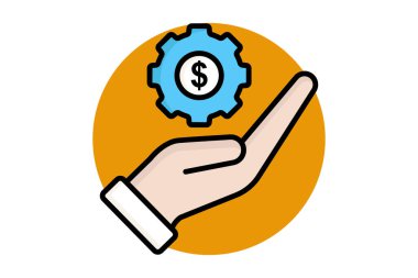 İş Yönetimi simgesi. Elin teçhizat ve dolarla. İşle ilgili bir ikon. Renkli taslak simge biçimi. iş ögeleri vektör illüstrasyonu