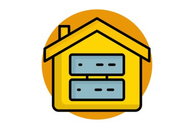 Veri deposu, ana hatlar simgesi. Büyük verileri olan bir ev. Mağazayla ilgili bir simge. veri analiz ögeleri vektör illüstrasyonu