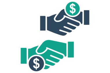 Yozlaşma ikonu. Katı ikon tarzı. Dolarla tokalaş. Kanun ve adaletle ilgili bir ikon. kanun unsurları vektör illüstrasyonu