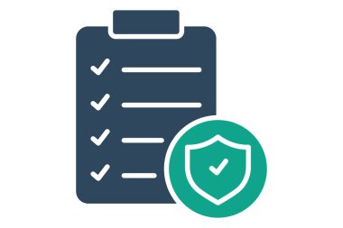 Sigorta poliçesi ikonu. Katı ikon tarzı. Kalkanlı kontrol listesi. Fatura ve ödemeyle ilgili bir ikon. iş ögeleri vektör illüstrasyonu