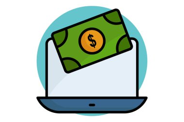 Çevrimiçi ödeme renkli taslak simgesi. Paralı bir laptop. Fatura ve ödemeyle ilgili bir ikon. iş ögeleri vektör illüstrasyonu