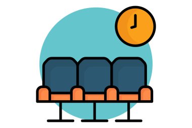 Lobi simgesi. Renkli taslak simge biçimi. Saatli sandalye. Resepsiyonla ilgili ikon. Otel elemanları vektör illüstrasyonu