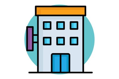 Otel ikonu. Renkli taslak simge biçimi. Binayla ilgili bir ikon. Otel elemanları vektör illüstrasyonu