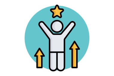 Motivasyon simgesi. Renkli taslak simge biçimi. Oku ve yıldızı olan kişi. Motivasyonla ilgili simge. başarı unsurları vektör illüstrasyonu