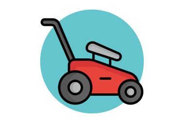 Çim biçme makinesi ikonu. Renkli taslak simge biçimi. Bahçıvanlıkla ilgili bir ikon. Bahçe araçları element vektör illüstrasyonu