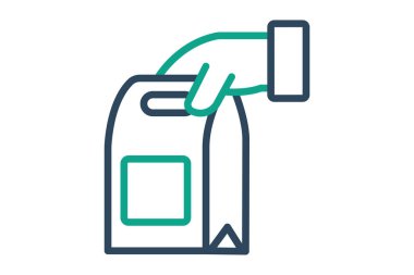 Paket servis simgesi. çizgi simgesi tarzı. Yiyecek ambalajıyla el ele. Yemekle ilgili bir ikon. yiyecek elemanları vektör illüstrasyonu