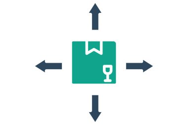 Dağıtım simgesi. Katı ikon tarzı. Oklu ürün. Tedarikle ilgili simge. Tedarik yönetimi unsurları vektör illüstrasyonu