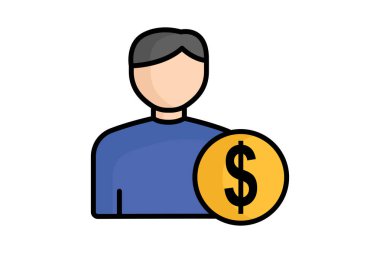 Alıcı simgesi. Renkli taslak simge biçimi. Doları olan insanlar. Tedarikle ilgili simge. Tedarik yönetimi unsurları vektör illüstrasyonu