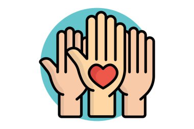 Gönüllüler simgesi. Renkli taslak simge biçimi. Yürekli bir el. Hayır işleriyle ilgili bir ikon. bağış elemanları vektör illüstrasyonu