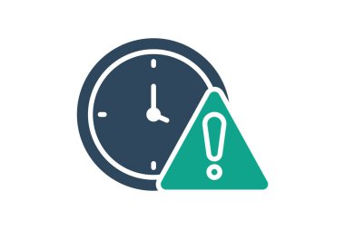 Simgeyi ertele. Katı ikon tarzı. Ünlem işaretli saat. Zaman ve tarihle ilgili simge. zaman ögeleri vektör illüstrasyonu