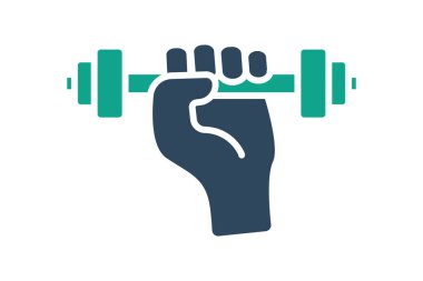 Spor salonu ikonu. Katı ikon tarzı. Dambıl tutan eller. İkonun uygunluk ve uygunlukla ilgisi. spor elemanları vektör illüstrasyonu