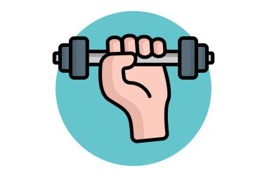 Spor salonu ikonu. Renkli taslak simge biçimi. Dambıl tutan eller. İkonun uygunluk ve uygunlukla ilgisi. spor elemanları vektör illüstrasyonu