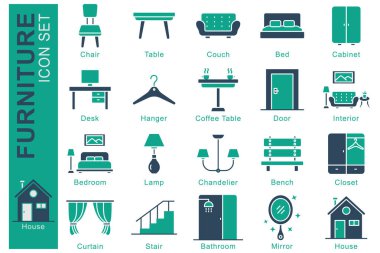 Mobilya ikonu hazır. Katı ikon tarzı. İçinde ikon yatak odası, avize, sandalye ve daha fazlası var. iç element vektör illüstrasyonu