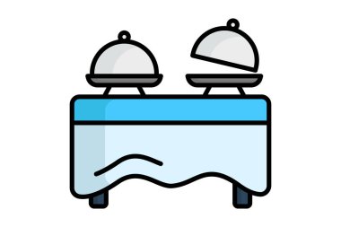 Açık büfe ikonu. Renkli taslak simge biçimi. Servis gıda düzenlemeleriyle ilgili ikon. yemek elemanları vektör illüstrasyonu