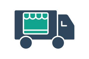 Yemek kamyonu ikonu. Katı ikon tarzı. Yiyecek getiren yemek servisleriyle ilgili ikon. yemek elemanları vektör illüstrasyonu