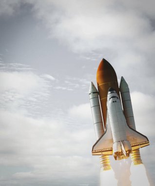 Bulutlarda uzay gemisi kalkıyor. Bu görüntünün elementleri NASA tarafından sağlanmıştır.